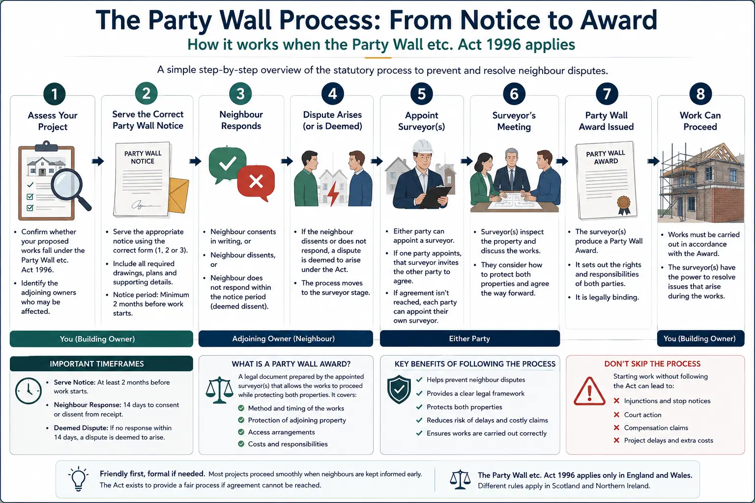 Do I Need a Party Wall Agreement? An infographic showing the party wall process from notice to award in a very interactive way for the citizens living in Ipswich, UK