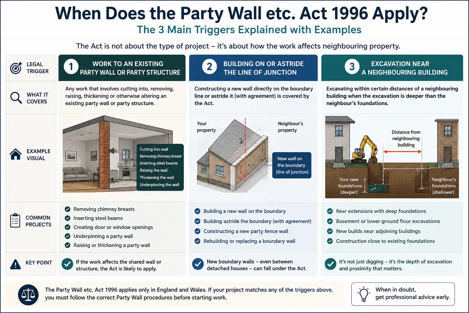 Do I Need a Party Wall Agreement? An infographic showing when does the party wall etc act 1996 apply like excavation, junction, painting, in Ipswich, UK